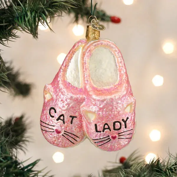 Cat Lady Slippers Glass Ornament