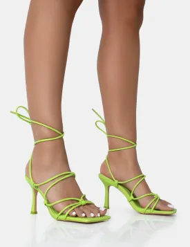 Duet Neon Lime Knot Strappy Lace Up Square Toe Mid Heels