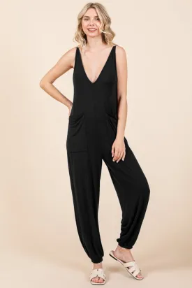 Full Size Plunge Sleeveless Jumpsuit with Pockets