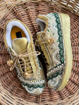 FUNKY N TRENDY Green and Gold intricate hand work sneakers for brides / bridesmaids / green sneakers / bottle green sneakers / green shoes / golden sneakers