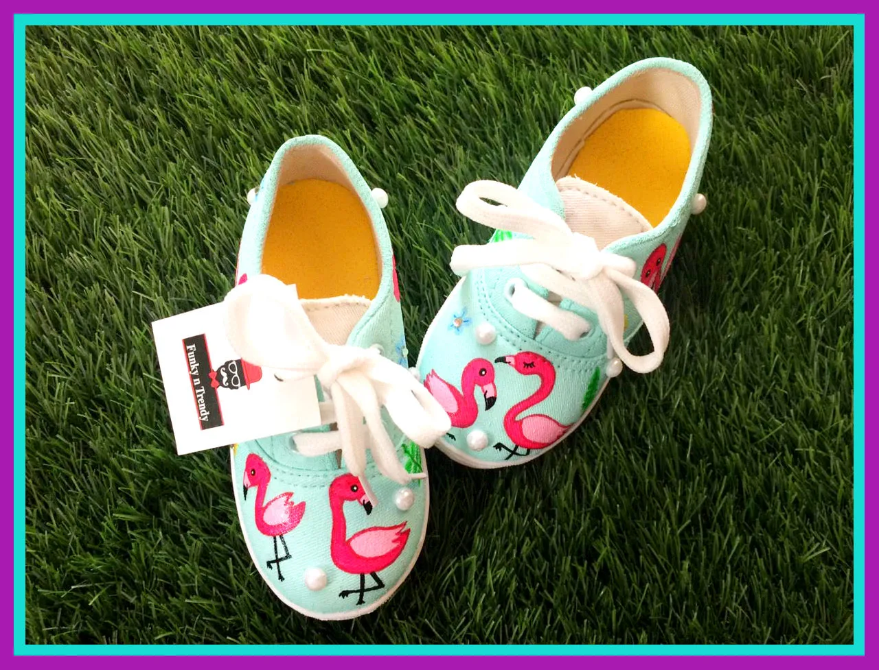 Funky N Trendy hand painted water resistant Flamingo theme mint green and pink casual shoes