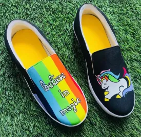 Funky N Trendy hand painted water resistant Unicorn theme slip on shoes/ handpainted shoes/ women shoes / funky shoes/ blue shoes / funky handpainted shoes