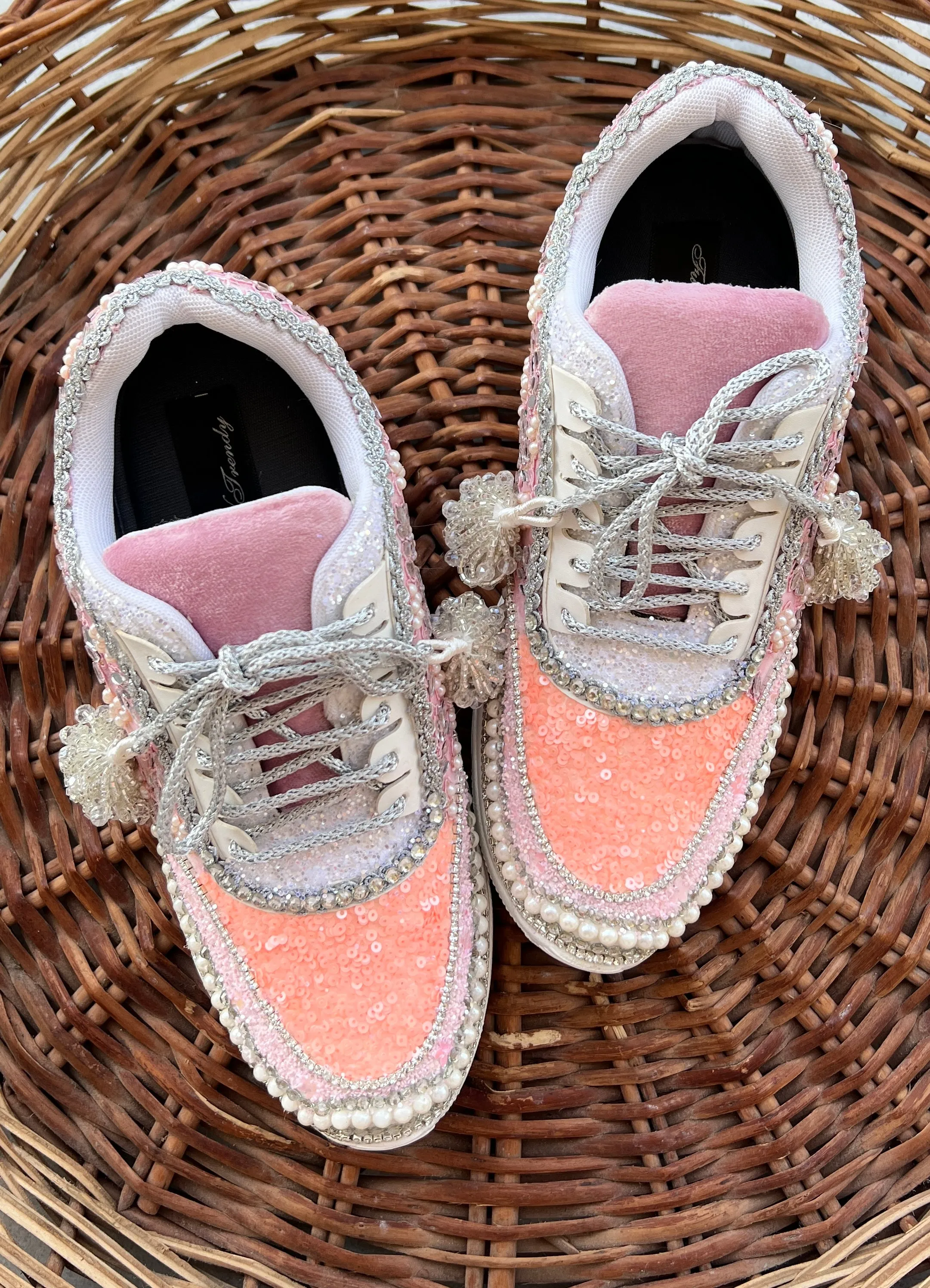 FUNKY N TRENDY peach/pink / pink embroidery sneakers with pearls detailing for brides / bridesmaid sneakers/ pink shoes / peach shoes/ bridal sneakers