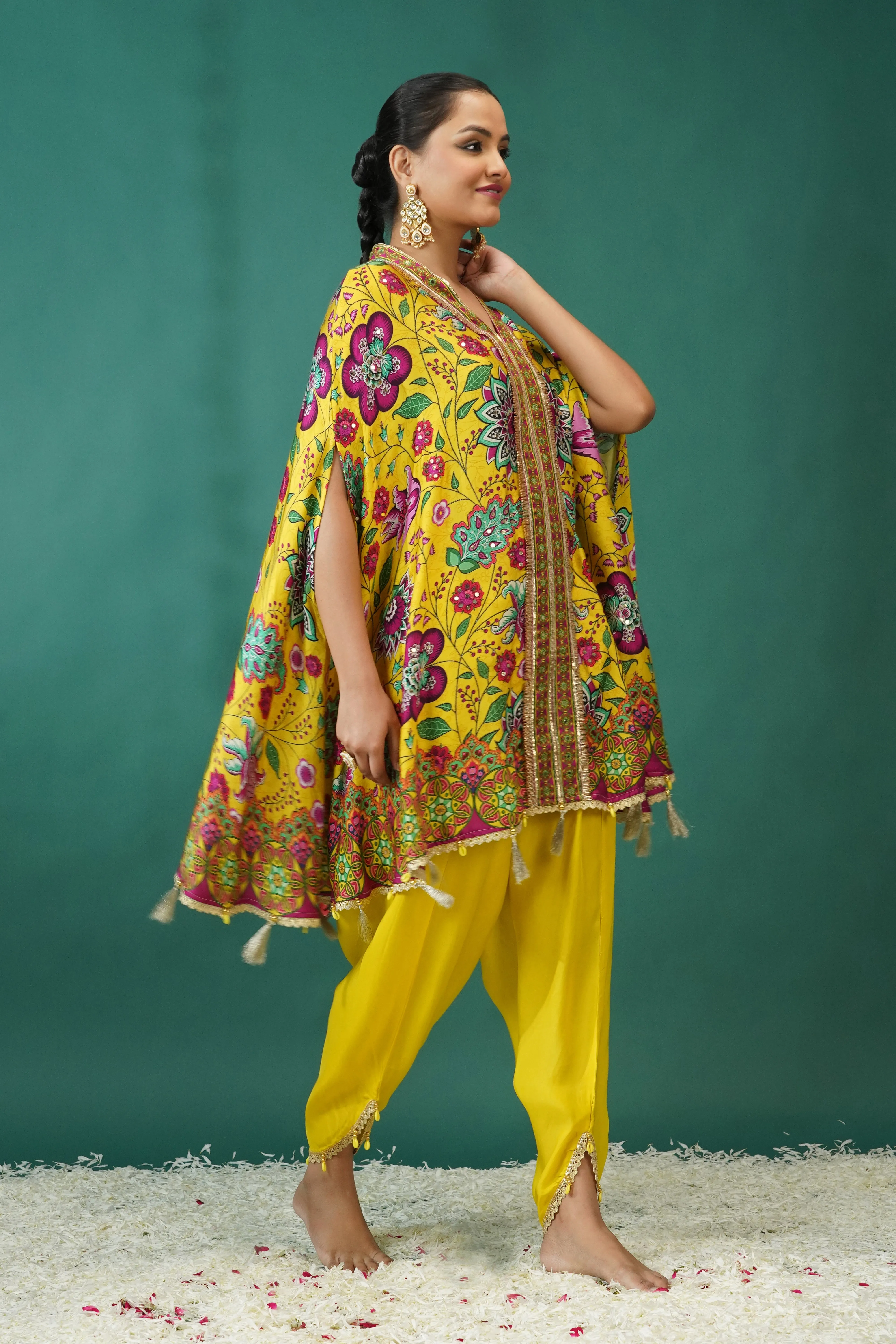 Light Yellow Floral Printed Crepe Silk Kaftan Set