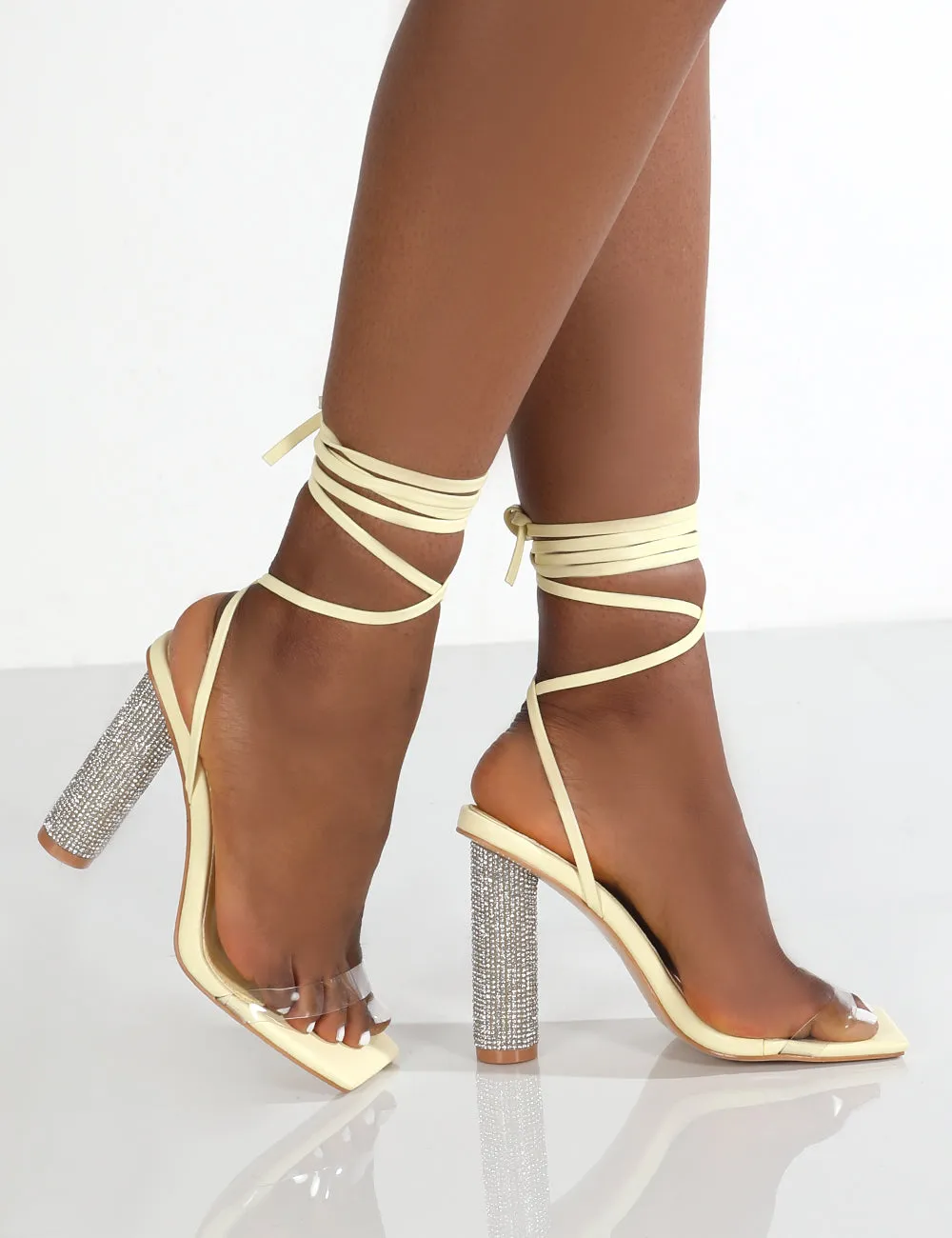 Mae Yellow PU Lace Up Clear Perspex Heels