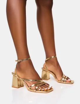 Robin Gold Strappy Square Toe Mid Block Heels